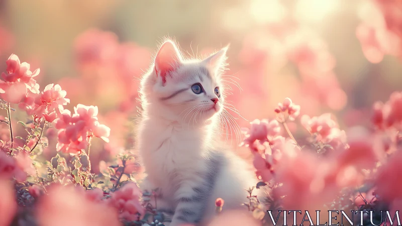 Kitten Portrait with Shallow Depth-of-Field Bokeh in Pink Floral Environment