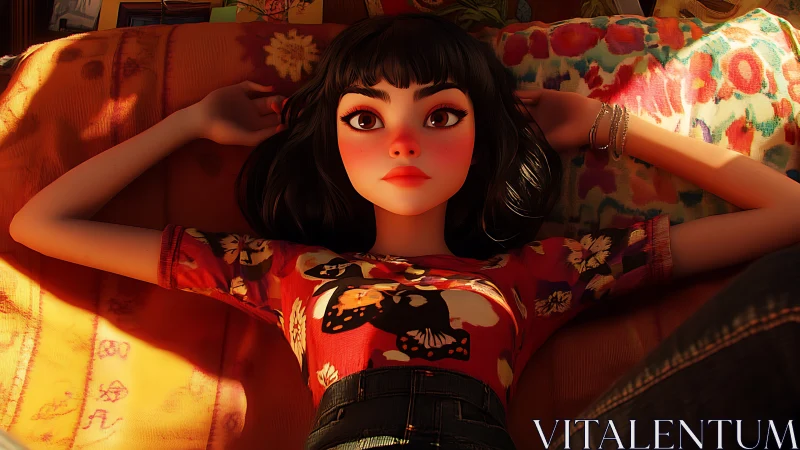 Relaxed girl in warm sunlight rests on a patterned sofa.