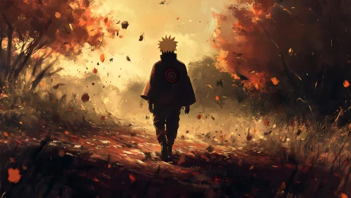 Silhouetted figure walking through autumn forest path.