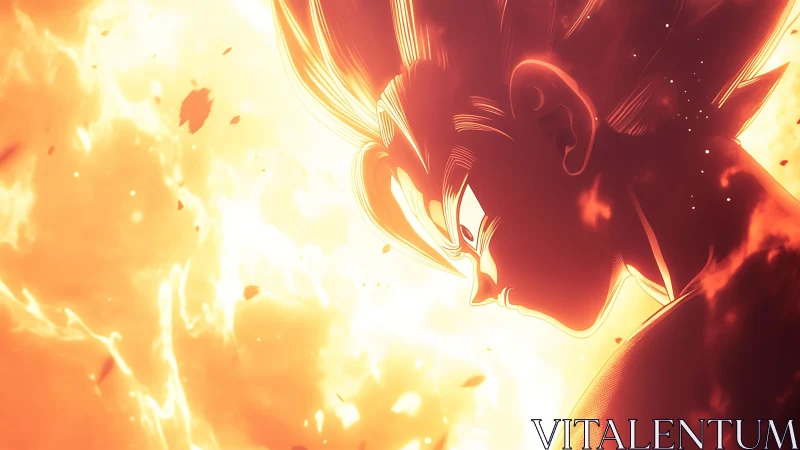 Profile of spiky haired anime warrior amid intense flames.
