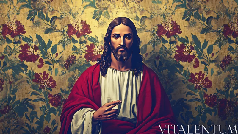 Gentle robed figure offers calm blessing before floral wall