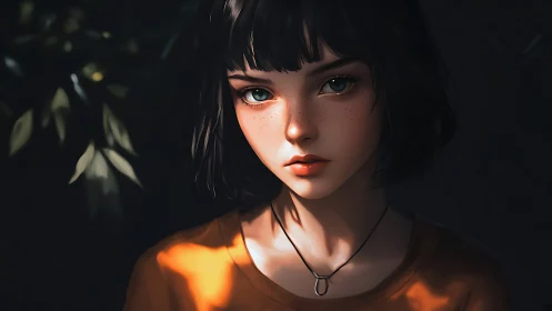 Soft dusk portrait of freckled girl in warm side light.