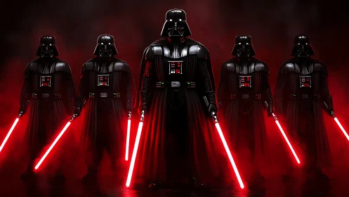 Symmetrical dark warriors aligned in cinematic red haze