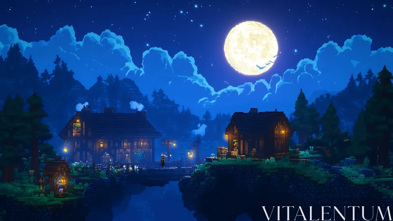 Pixel village under full moon with lit riverside houses.