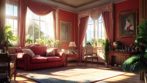 Sunlit Victorian parlor with volumetric lighting and rich textiles
