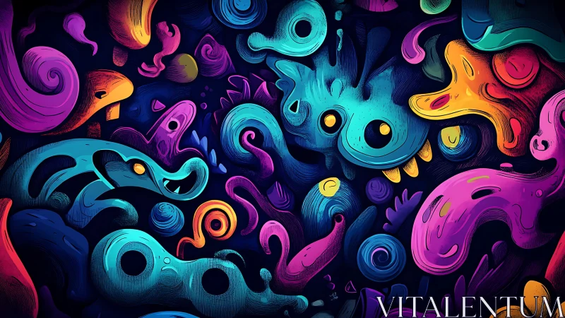 Neon biomorphic creatures swirl inside dense cosmic void