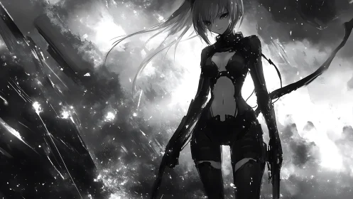 Monochrome armed female figure in abstract storm setting.