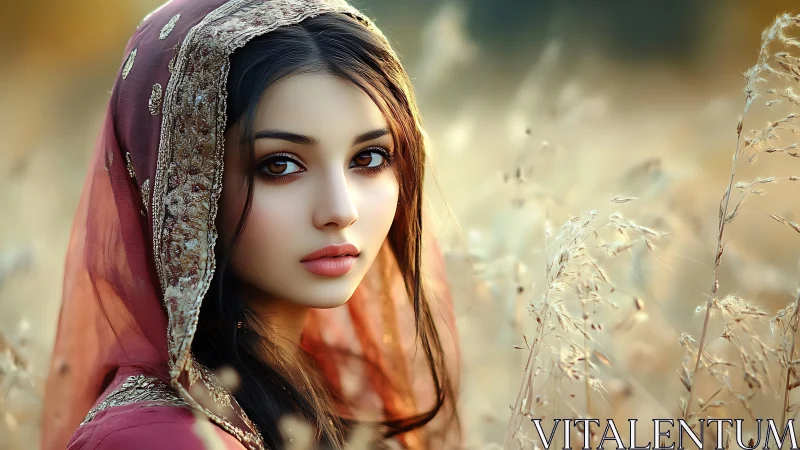 Young woman in embroidered veil within soft wheat field.