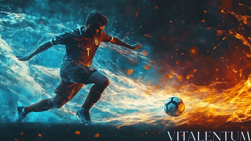 Dynamic football striker framed by opposing fire and water energies