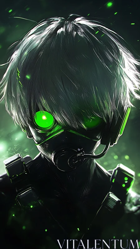 Neon-eyed cyber scout in a glowing emerald haze.