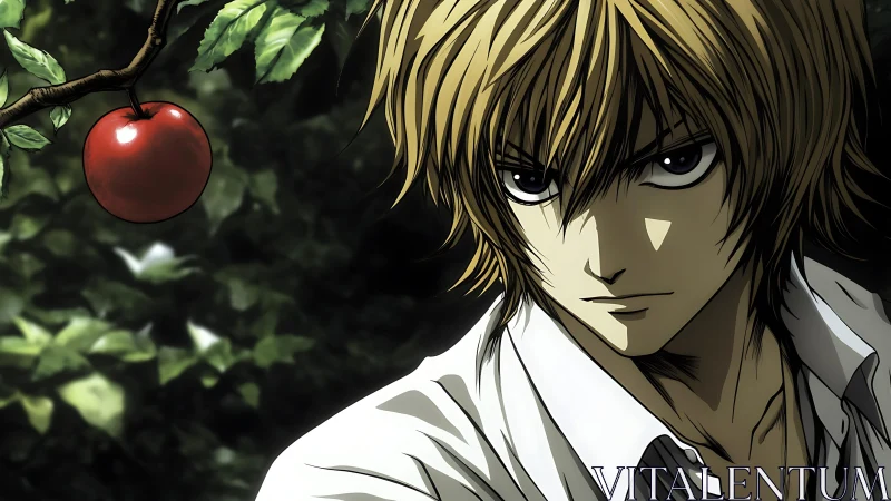 Intense blond anime youth under foliage beside single red apple