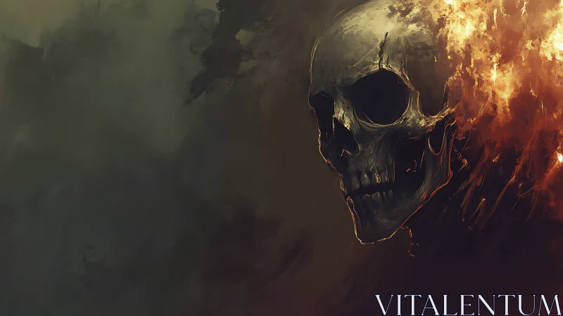 Flaming skeletal portrait rendered in high-contrast chiaroscuro tones