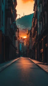 Narrow urban street at sunrise with warm reflective roadway glow