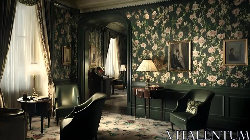 Floral wallpaper salon with classic green armchairs and lamps.