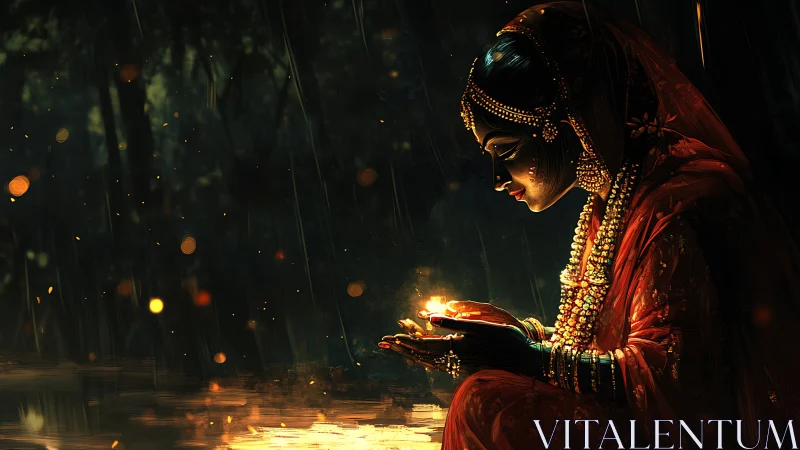 Side-lit woman cradling diya lamp in dark forest with bokeh sparks