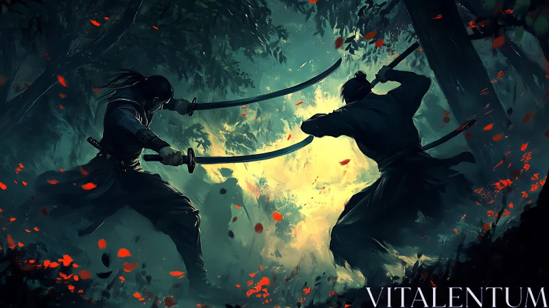 Samurai duel silhouettes amid luminous forest vortex.