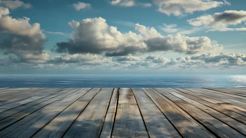 Wooden deck platform facing calm open ocean horizon.