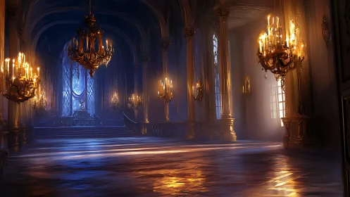 Candlelit royal hall glows with ethereal blue and gold light