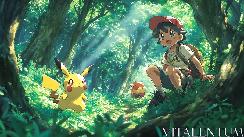 Sunlit forest adventure welcomes a cheerful trainer and friends