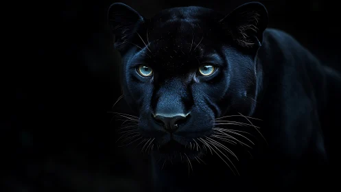 Black Panther Portrait with Luminous Blue Eyes Against Dark Background