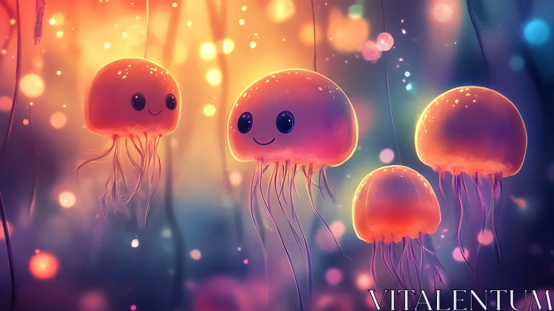Cute glowing jellyfish drift through dreamy neon water