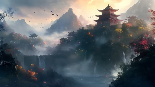 Mountain temples over misty valley with waterfalls at dawn.