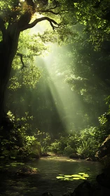Sunlit forest stream with mature tree and canopy opening.