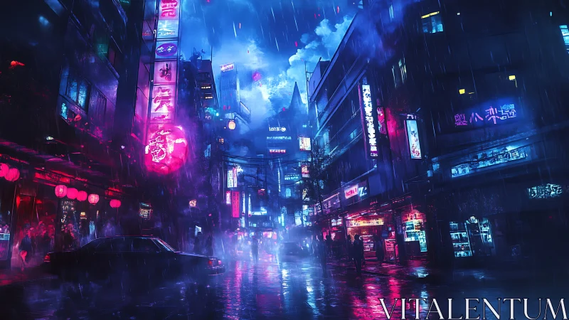 Rain-soaked neon street in dense futuristic city at night.