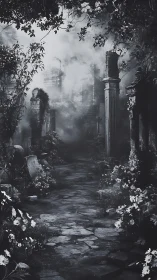 Overgrown stone path through misty abandoned ruins.