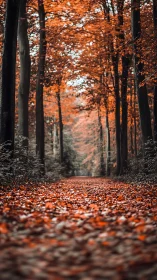 Forest pathway luminous with autumn foliage.