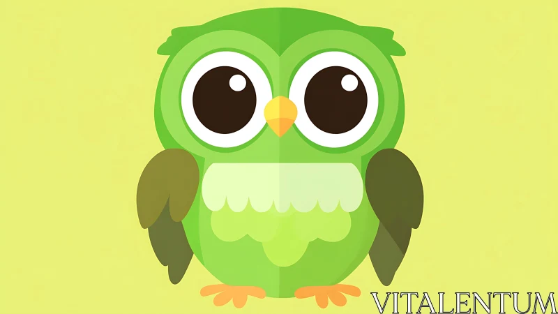 Cute Green Cartoon Owl with Big Eyes on Light Yellow Background.
