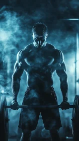 Muscular athlete lifts barbell in dramatic blue gym lighting