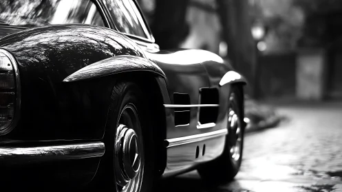 Monochrome close-up isolates classic coupe’s reflective bodywork