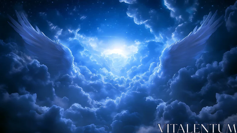 Digital cloudscape depicts wings framing a bright central light