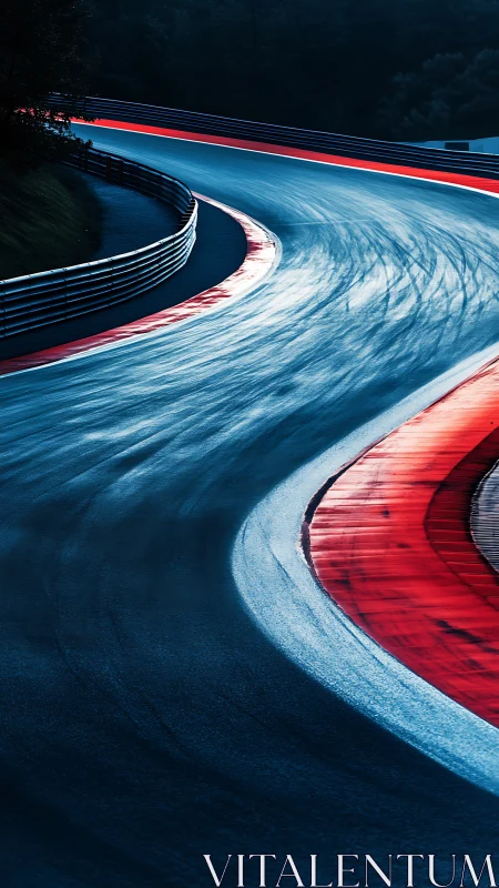 Racing circuit curve with wet tarmac and red runoff zone.