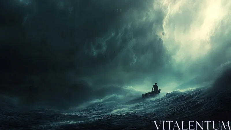 Lone rower confronts stormlit ocean under swirling clouds.