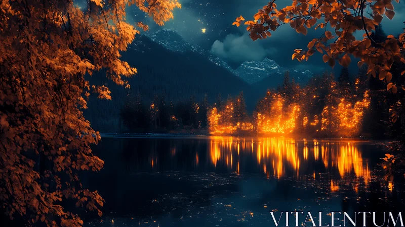 Fiery autumn forest glowing over tranquil mountain lake.