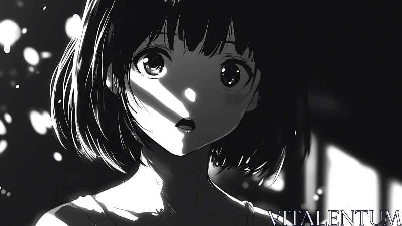 High-contrast monochrome anime portrait isolates shocked gaze