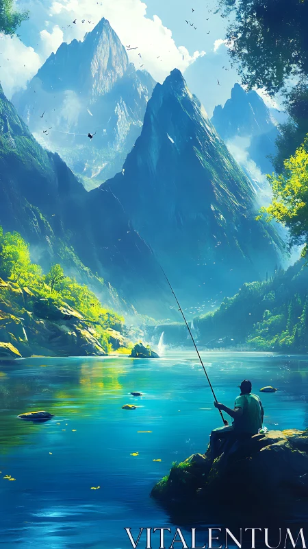 Solitary angler beneath towering emerald dream peaks.