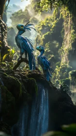 Bioluminescent blue birds survey misty jungle waterfall