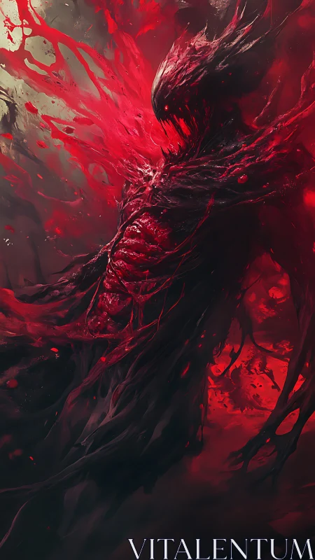 Demonic entity dissolves into visceral crimson energy