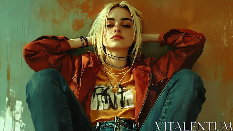 Rebellious blonde teen lounges against a painted urban wall