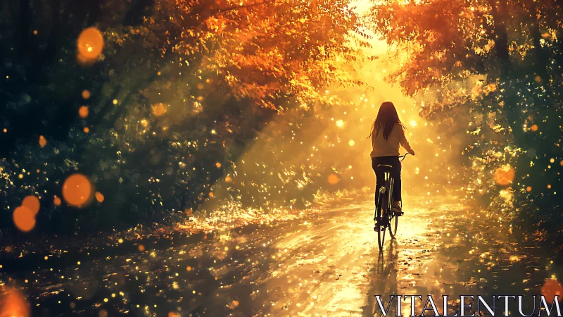 Cyclist traversing illuminated forest pathway at sunset