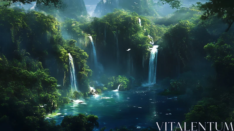 Emerald falls cradle a hidden lagoon under whispered light.