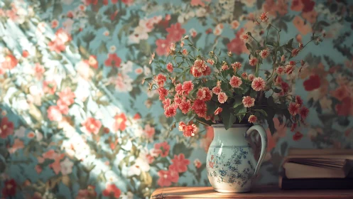 Ceramic vessel with pink dahlias displayed against floral patterned surface