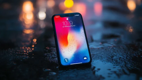 Smartphone with colorful gradient wallpaper on wet surface.