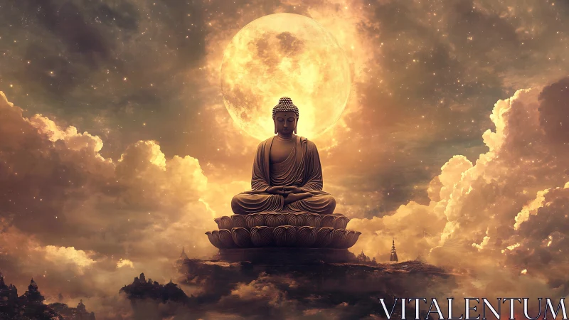 Luminous moonlit Buddha floating amid celestial clouds.