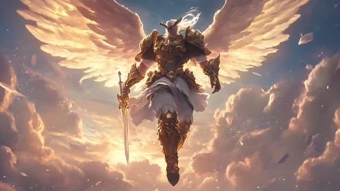 Radiant winged guardian soaring through sunlit golden clouds.