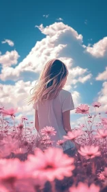 Dreamy girl wandering through soft pink wildflower fields.
