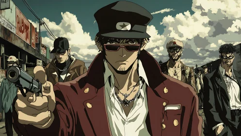 Gang leader in burgundy coat confronts viewer with pistol.